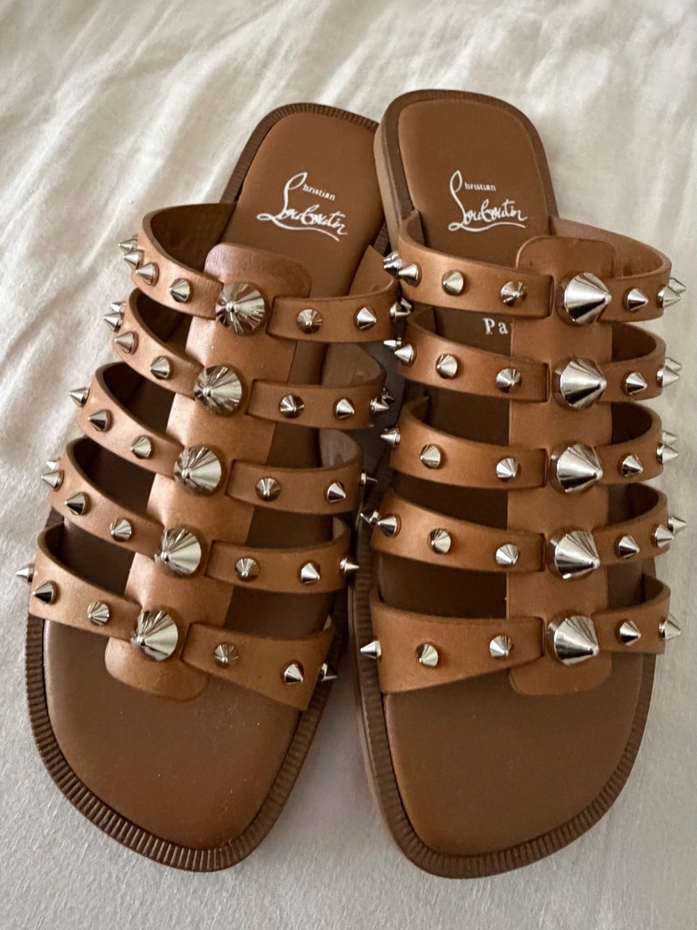 Christian Louboutin Charja Brown Leather Stud-Embellished Slide Sandals - Picture 3 of 8